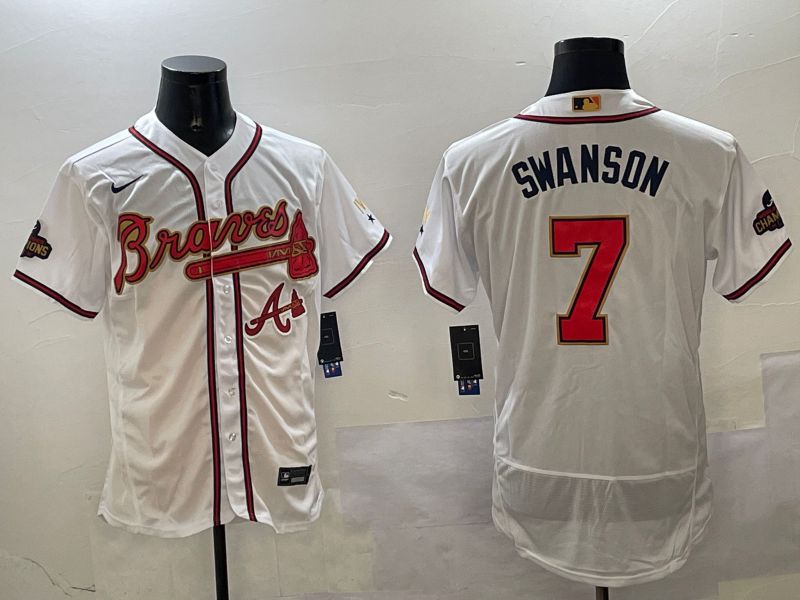 Men Atlanta Braves 7 Swanson White Gold Elite 2025 Nike MLB Jersey style 1